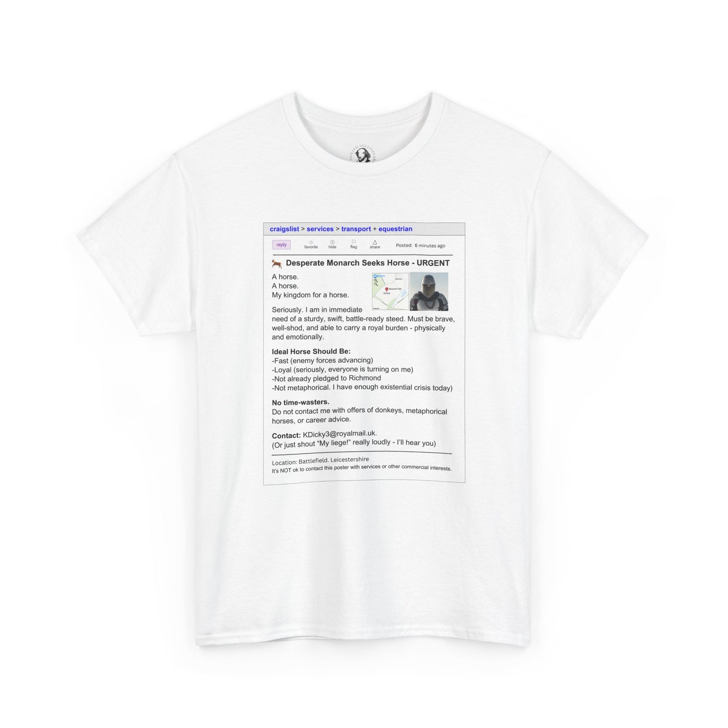 Richard III T-Shirt - Funny Shakespeare Craigslist Ad - Horse Quote Tee, Royal Nerd Gift, Theater Fan Apparel