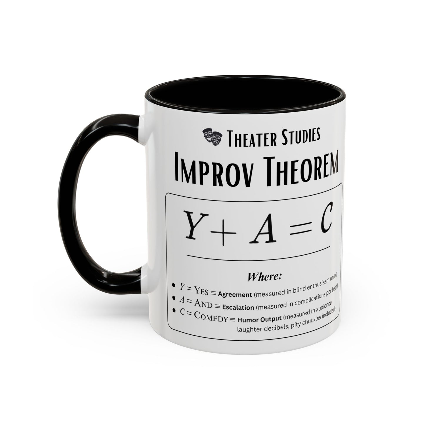 Theatre Math - Improv Theorem Mug - Yes And Comedy Equation - Funny Theater Teacher Gift - Improv Coach Coffee Cup - 11oz & 15oz