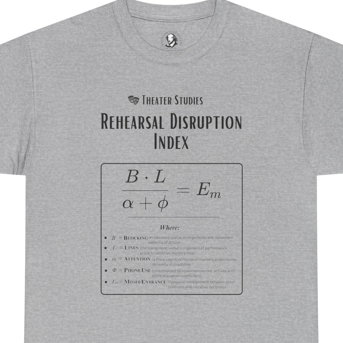 Theatre Math - Rehearsal Disruption Index | Funny Theater Rehearsal Shirt | Stage Humor Tee | Scientific Theater Collection