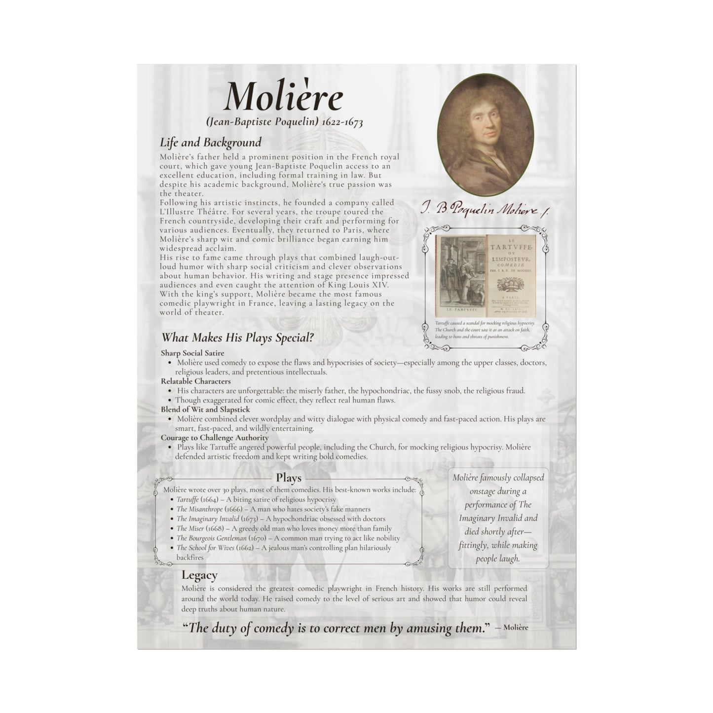 Molière Educational Poster - French Comedy Playwright Wall Art for Classrooms & Theater Fans (18x24 or 24x36)