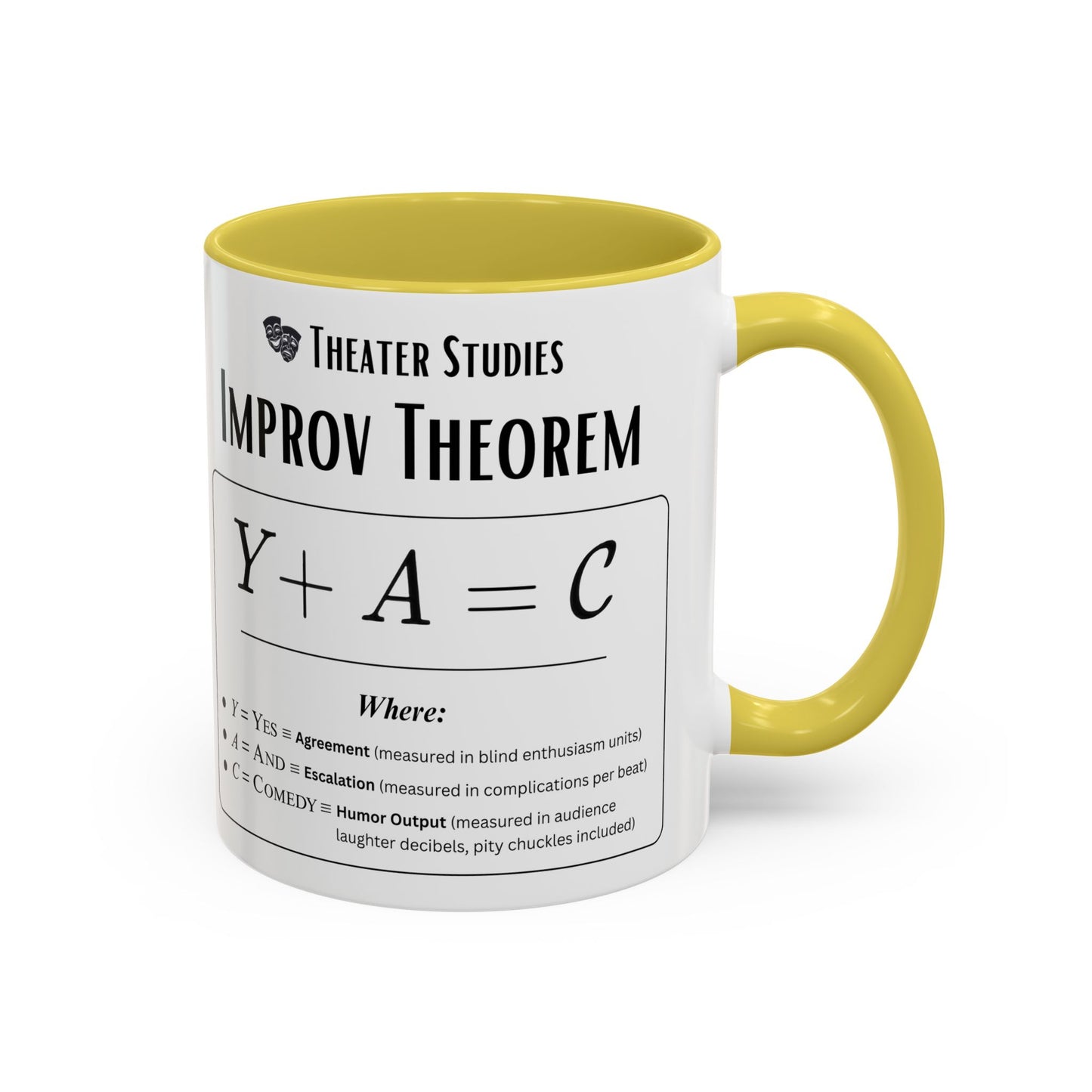 Theatre Math - Improv Theorem Mug - Yes And Comedy Equation - Funny Theater Teacher Gift - Improv Coach Coffee Cup - 11oz & 15oz