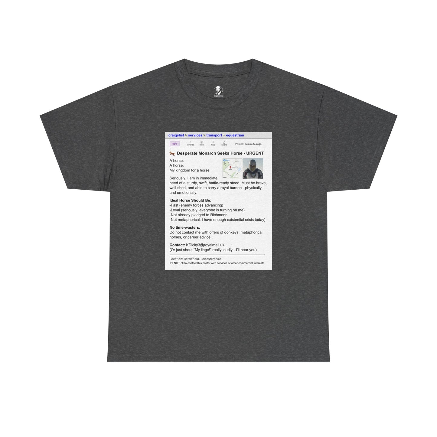 Richard III T-Shirt - Funny Shakespeare Craigslist Ad - Horse Quote Tee, Royal Nerd Gift, Theater Fan Apparel