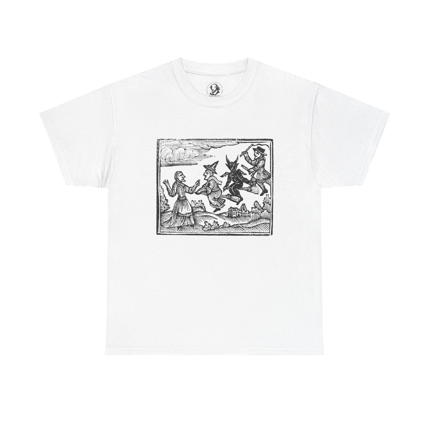 Vintage Witches Flying Woodcut T-Shirt - Gothic Occult Witchcraft Print Tee, Cotton Shirt, Witchy Tee, Halloween Shirt, Occult Clothing