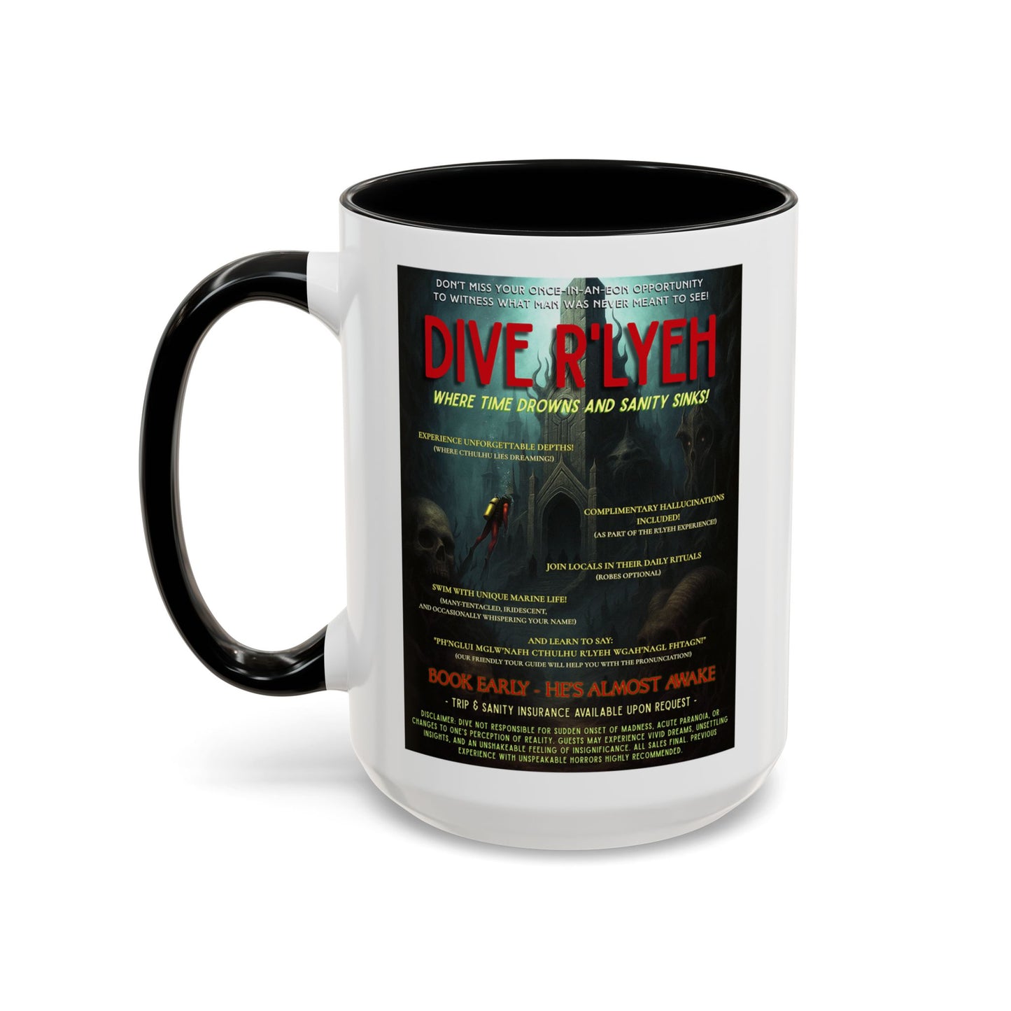 Dive R'Lyeh Mug - Cthulhu Mythos Coffee Cup | Lovecraft Horror Parody | Cosmic Travel Poster on Mug (11oz & 15oz)