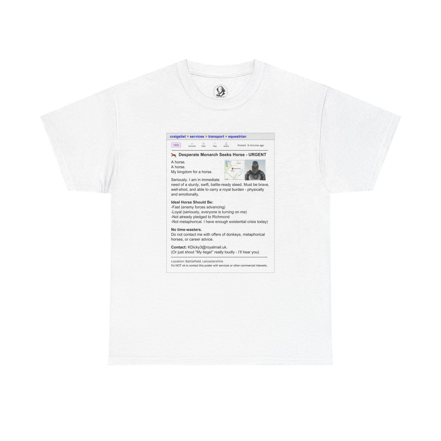 Richard III T-Shirt - Funny Shakespeare Craigslist Ad - Horse Quote Tee, Royal Nerd Gift, Theater Fan Apparel