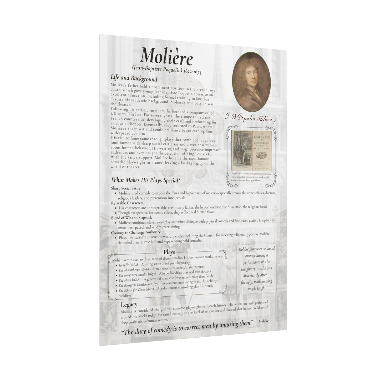 Molière Educational Poster - French Comedy Playwright Wall Art for Classrooms & Theater Fans (18x24 or 24x36)