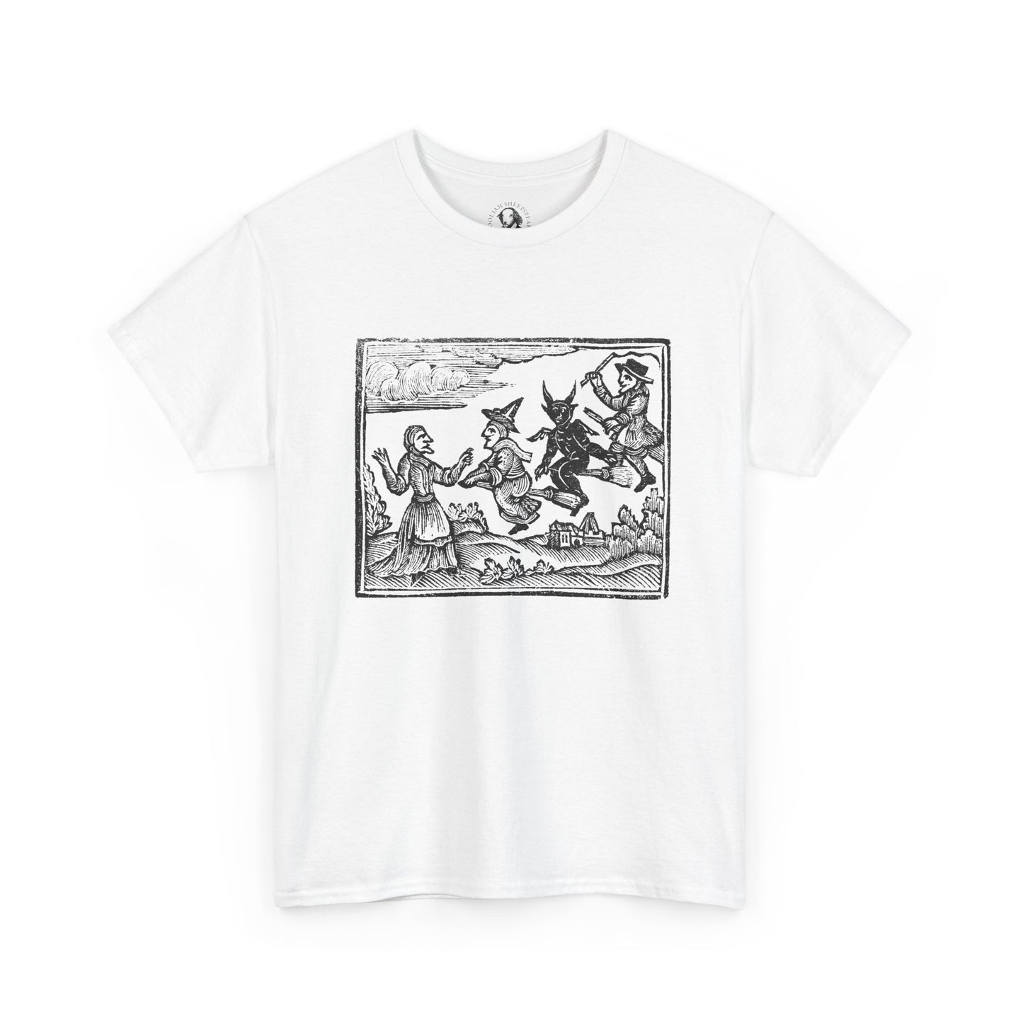 Vintage Witches Flying Woodcut T-Shirt - Gothic Occult Witchcraft Print Tee, Cotton Shirt, Witchy Tee, Halloween Shirt, Occult Clothing
