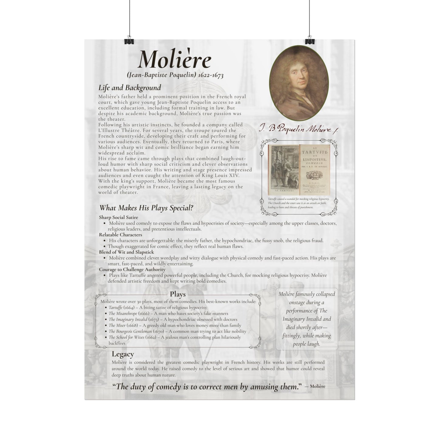 Molière Educational Poster - French Comedy Playwright Wall Art for Classrooms & Theater Fans (18x24 or 24x36)