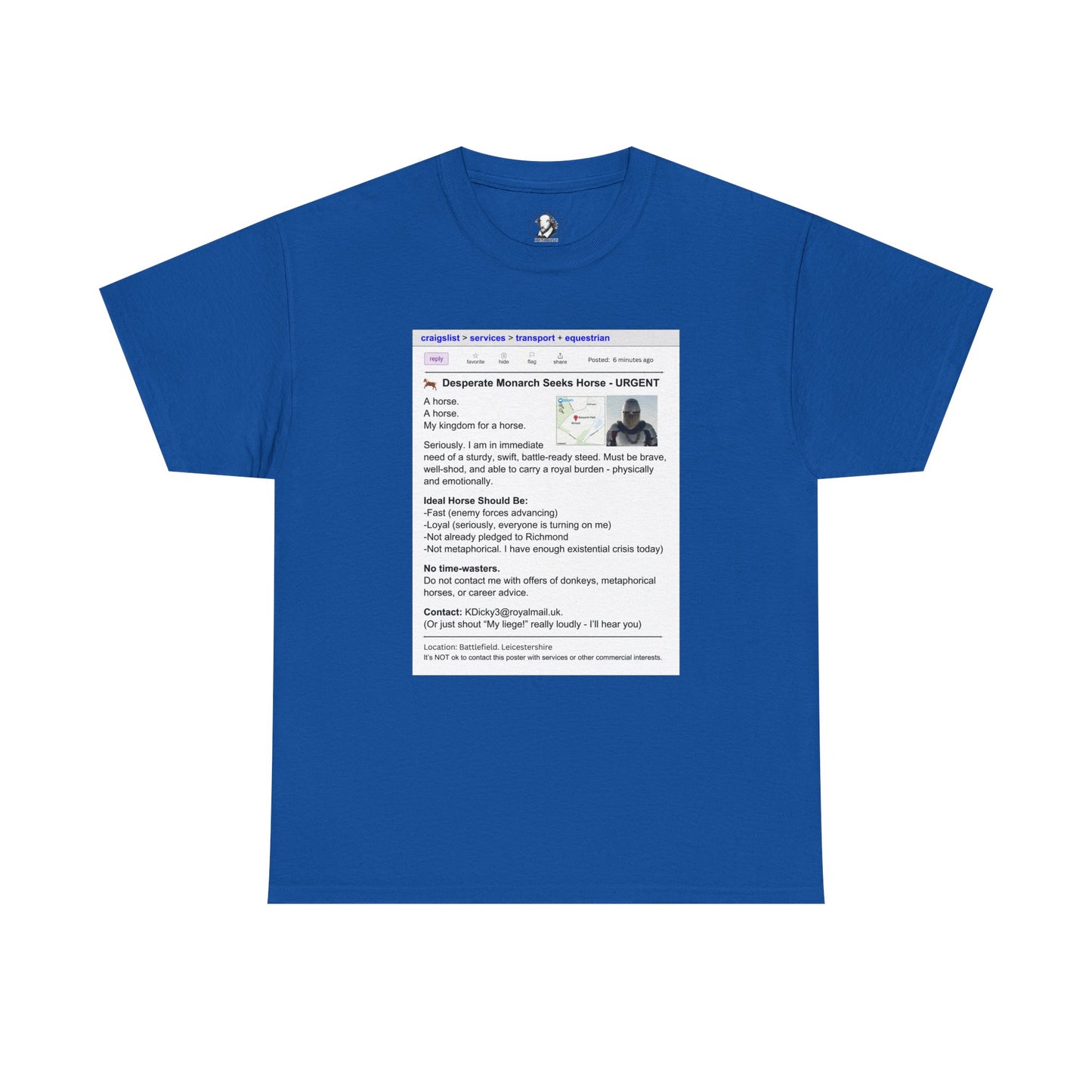 Richard III T-Shirt - Funny Shakespeare Craigslist Ad - Horse Quote Tee, Royal Nerd Gift, Theater Fan Apparel