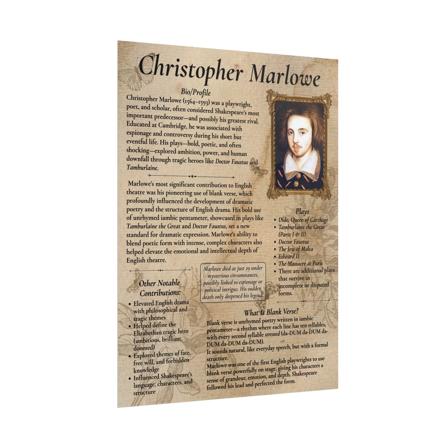 Christopher Marlowe Poster - Shakespeare's Rival, Blank Verse Pioneer | English Literature Teaching Resource, Doctor Faustus (18x24 or 24x36)