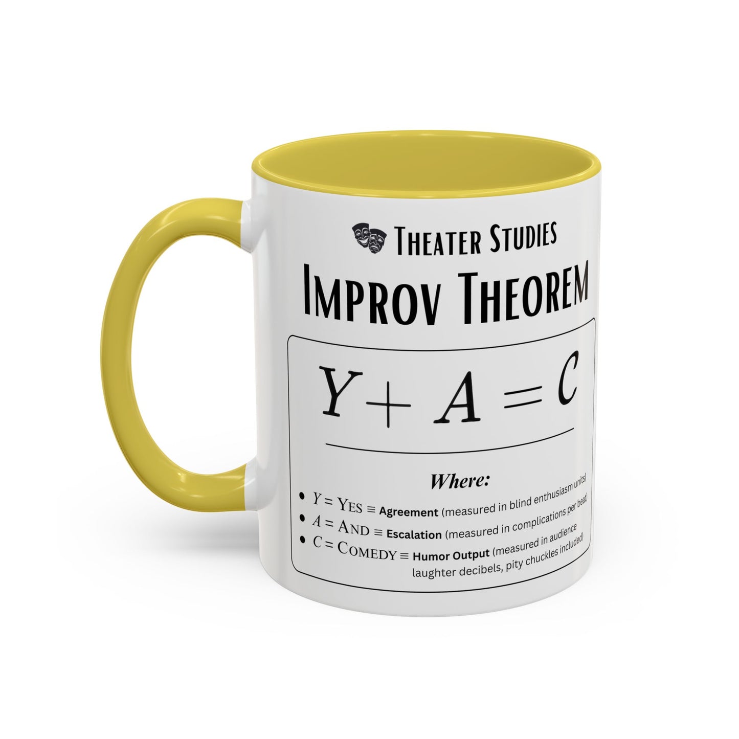 Theatre Math - Improv Theorem Mug - Yes And Comedy Equation - Funny Theater Teacher Gift - Improv Coach Coffee Cup - 11oz & 15oz