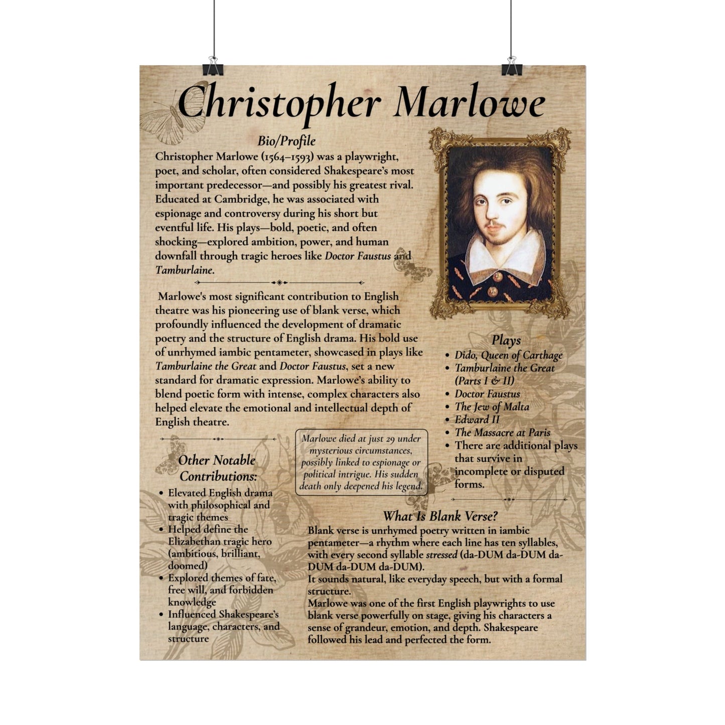 Christopher Marlowe Poster - Shakespeare's Rival, Blank Verse Pioneer | English Literature Teaching Resource, Doctor Faustus (18x24 or 24x36)