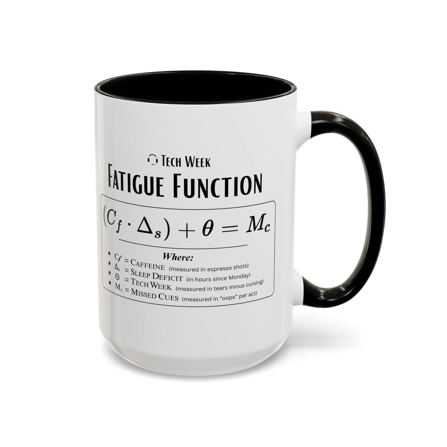 Theatre Math - Tech Week Fatigue Function Mug - Funny Theater Science Coffee Cup | Director Mug, Drama Teacher Humor (11oz & 15oz)