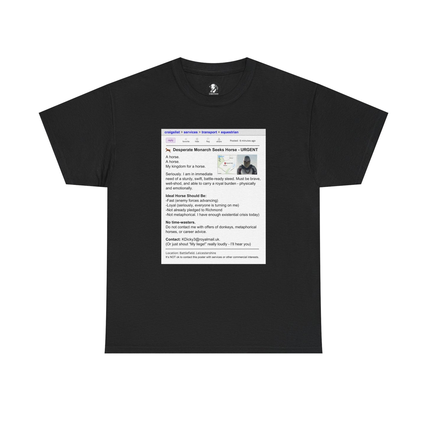 Richard III T-Shirt - Funny Shakespeare Craigslist Ad - Horse Quote Tee, Royal Nerd Gift, Theater Fan Apparel