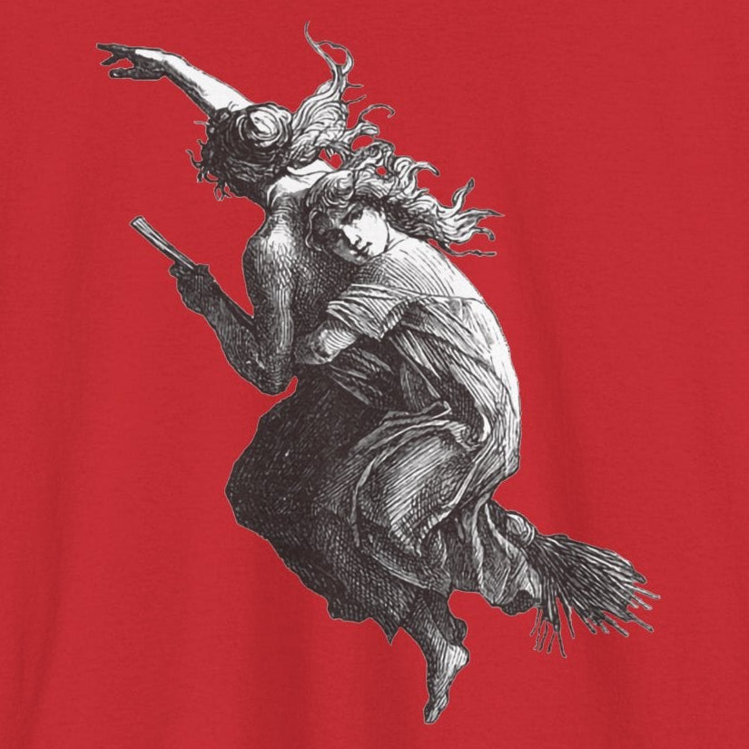 Witches on Broomstick - Gothic Vintage Witchcraft Artwork Tee, Dark Academia Occult Halloween Shirt