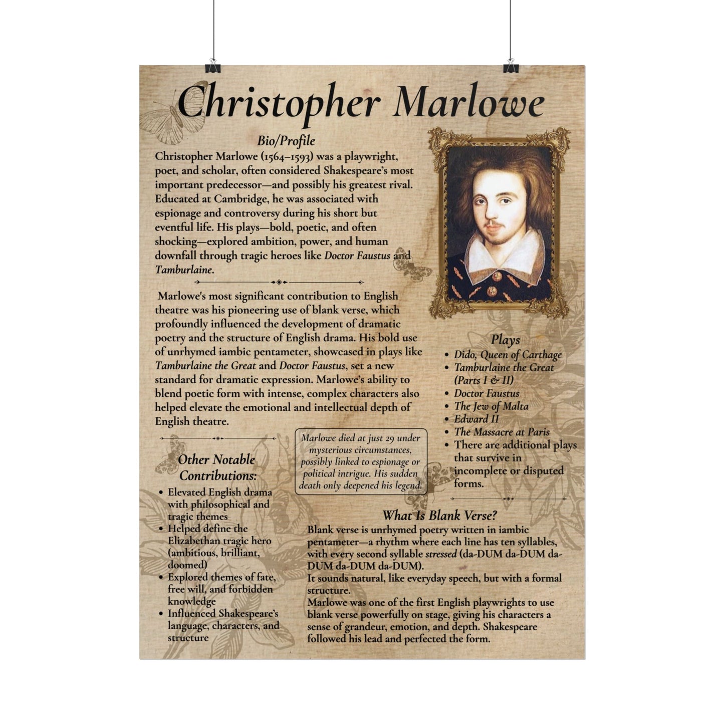 Christopher Marlowe Poster - Shakespeare's Rival, Blank Verse Pioneer | English Literature Teaching Resource, Doctor Faustus (18x24 or 24x36)
