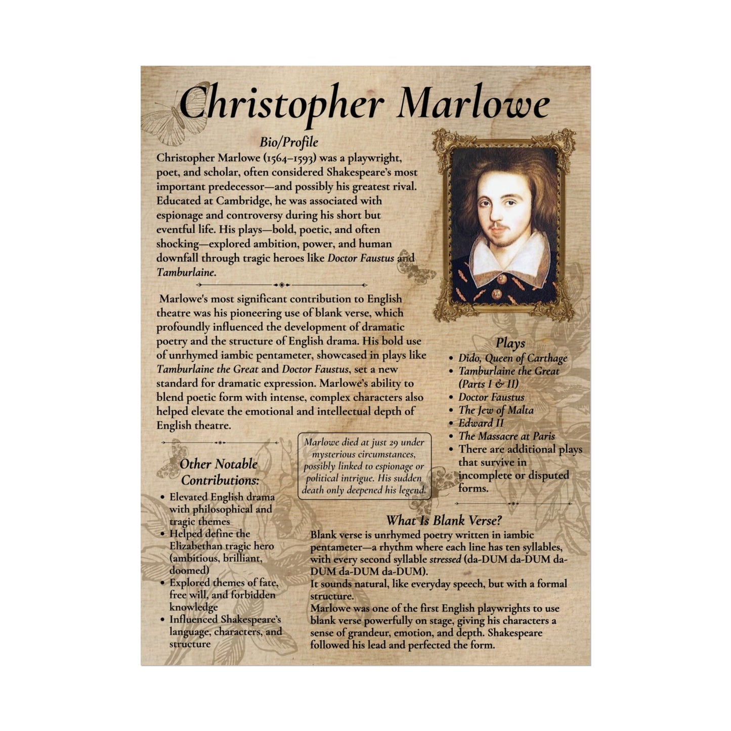Christopher Marlowe Poster - Shakespeare's Rival, Blank Verse Pioneer | English Literature Teaching Resource, Doctor Faustus (18x24 or 24x36)