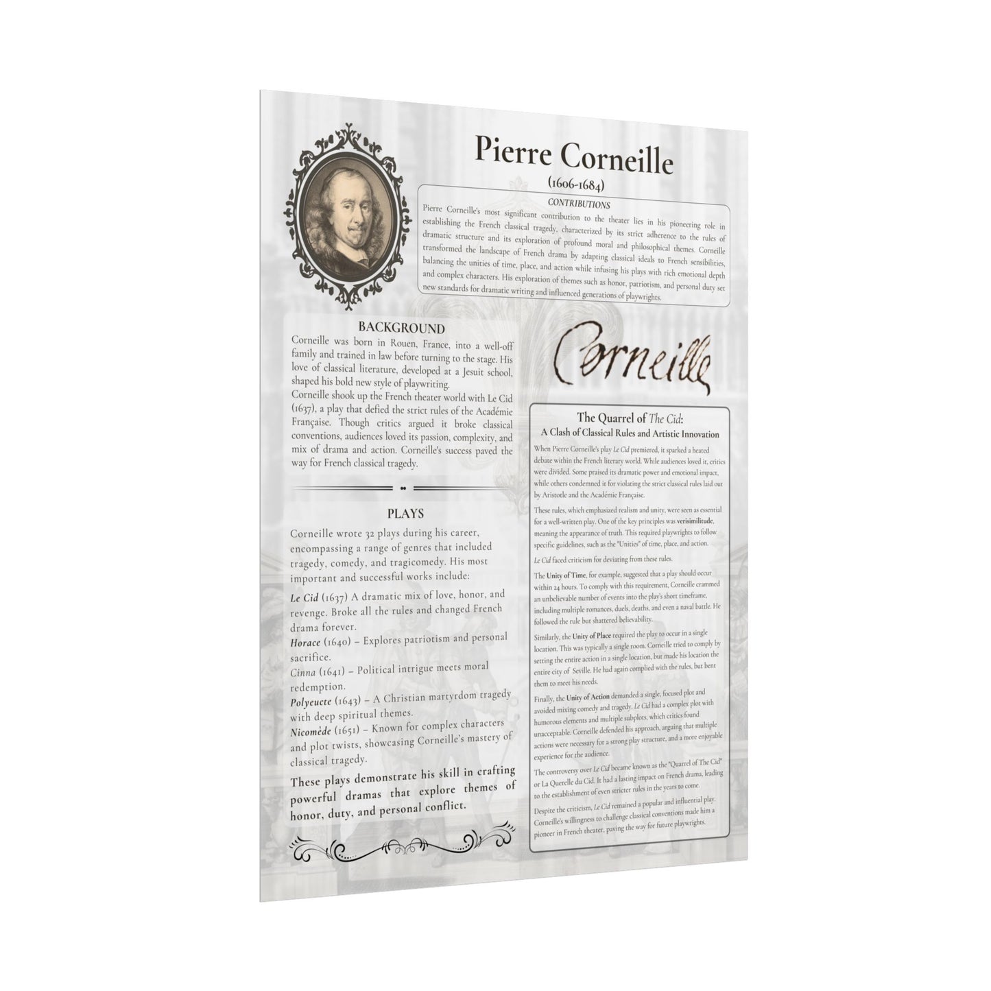 Pierre Corneille French Neoclassical Theater Poster - Educational Print for Drama Classrooms & Theater Lovers (18x24 or 24x36)