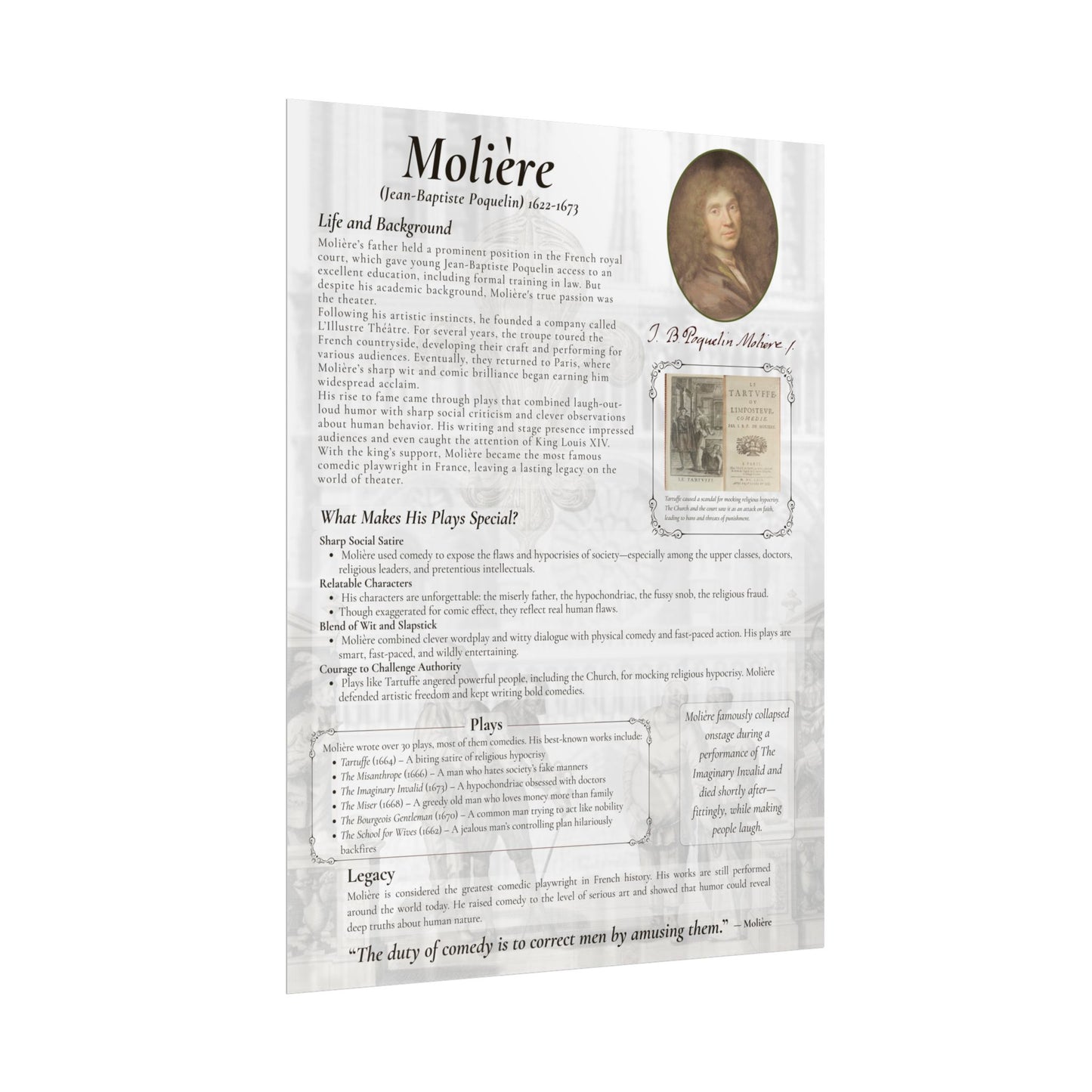 Molière Educational Poster - French Comedy Playwright Wall Art for Classrooms & Theater Fans (18x24 or 24x36)