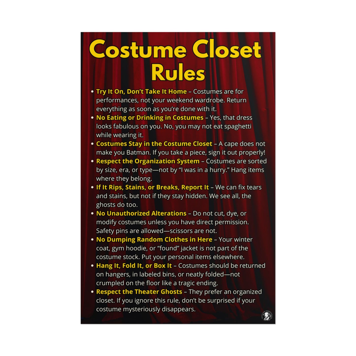 Costume Closet Rules Poster - Theater Classroom Wall Art - Drama Department Must-Have
