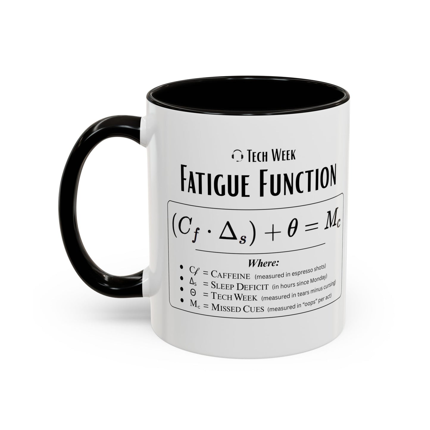 Theatre Math - Tech Week Fatigue Function Mug - Funny Theater Science Coffee Cup | Director Mug, Drama Teacher Humor (11oz & 15oz)