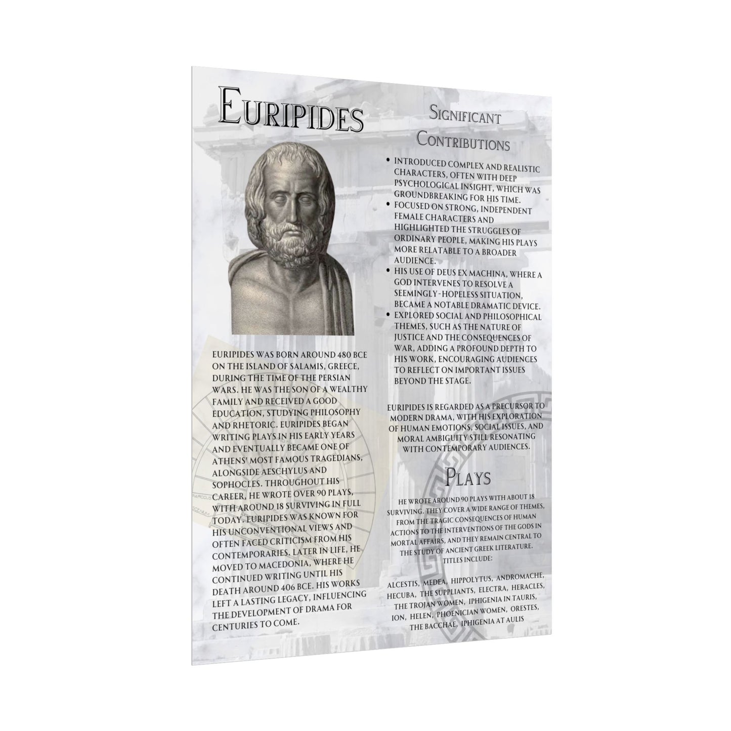 Euripides Educational Poster - Classical Greek Drama Wall Art - Literature & Theater Classroom Print (18x24 or 24x36)