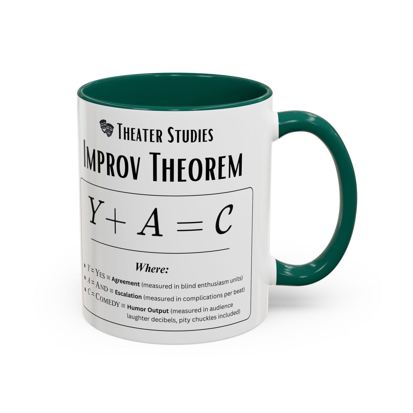Theatre Math - Improv Theorem Mug - Yes And Comedy Equation - Funny Theater Teacher Gift - Improv Coach Coffee Cup - 11oz & 15oz