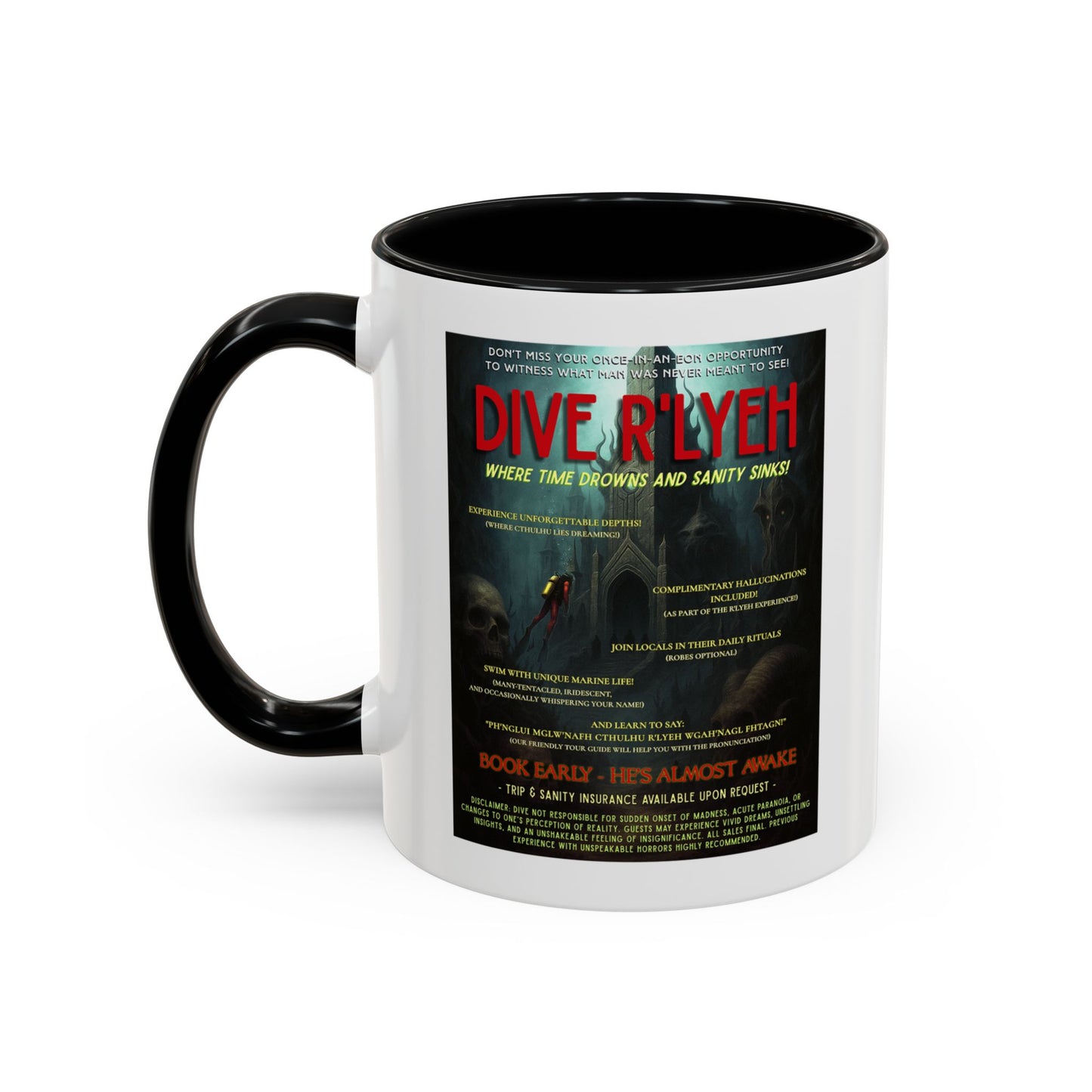 Dive R'Lyeh Mug - Cthulhu Mythos Coffee Cup | Lovecraft Horror Parody | Cosmic Travel Poster on Mug (11oz & 15oz)