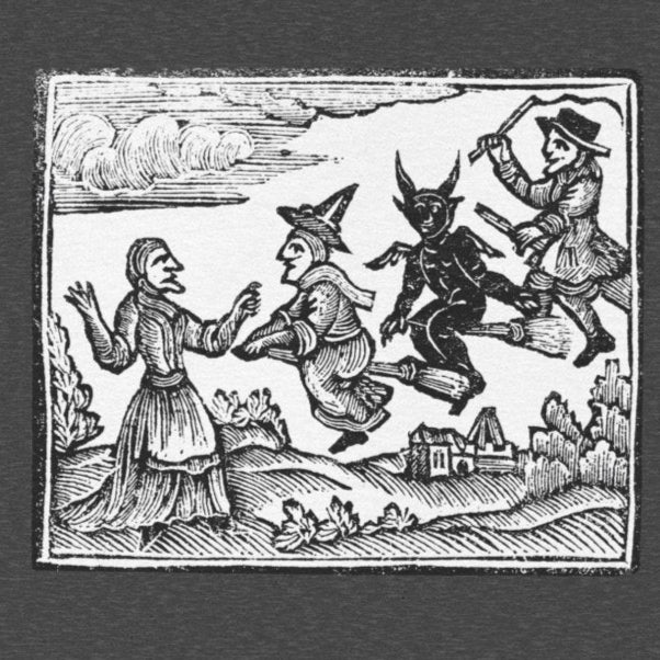 Vintage Witches Flying Woodcut T-Shirt - Gothic Occult Witchcraft Print Tee, Cotton Shirt, Witchy Tee, Halloween Shirt, Occult Clothing