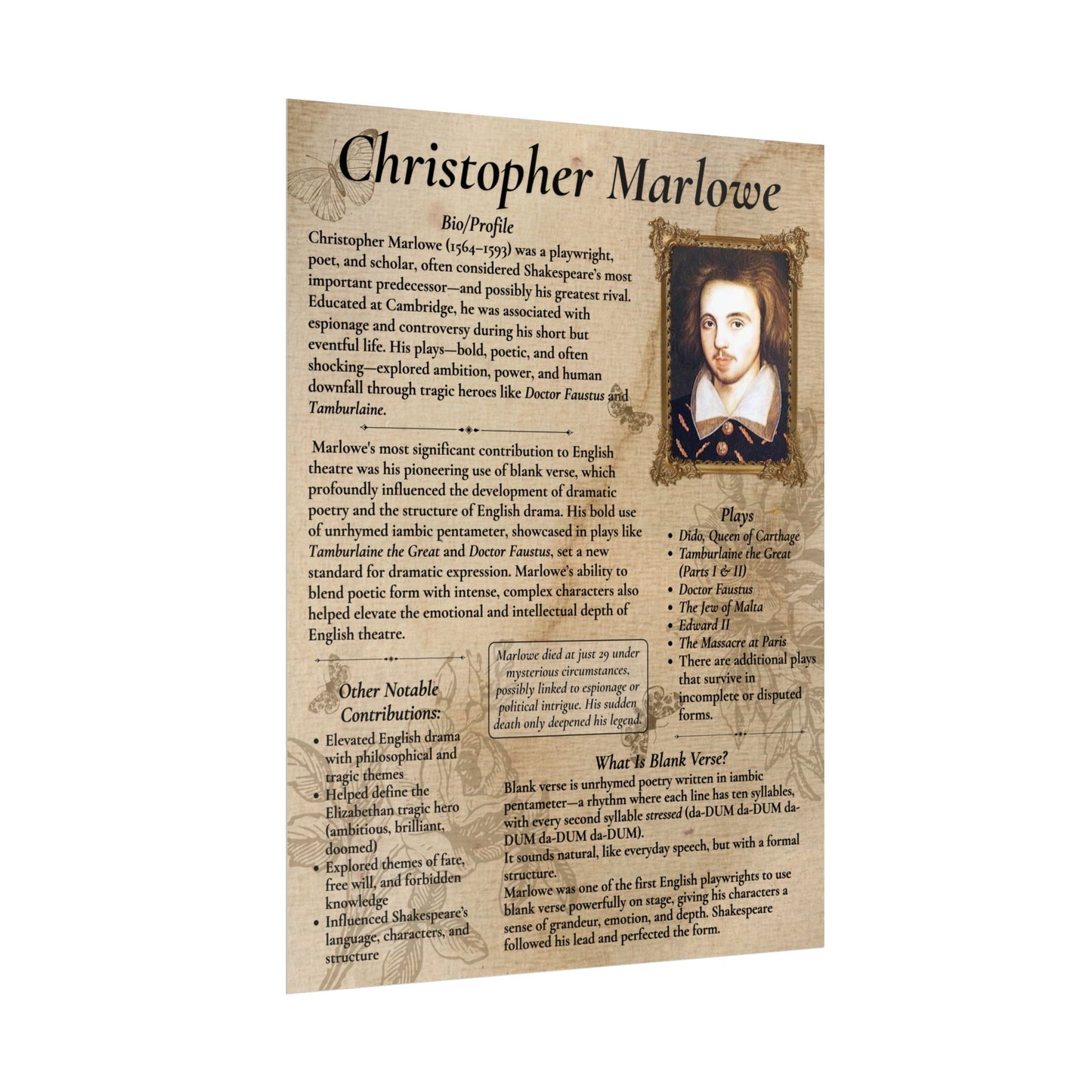 Christopher Marlowe Poster - Shakespeare's Rival, Blank Verse Pioneer | English Literature Teaching Resource, Doctor Faustus (18x24 or 24x36)