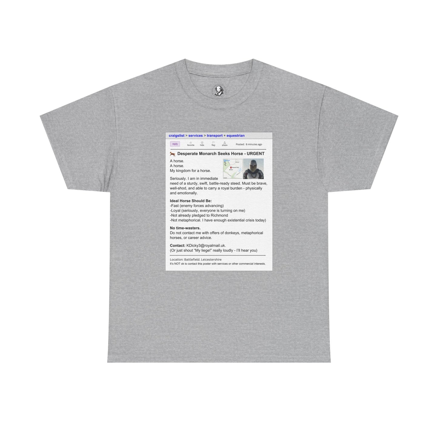Richard III T-Shirt - Funny Shakespeare Craigslist Ad - Horse Quote Tee, Royal Nerd Gift, Theater Fan Apparel