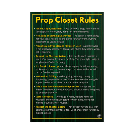 Prop Closet Rules Poster - Theater Teacher Gift - Drama Classroom Decor - Stage Crew Essentials