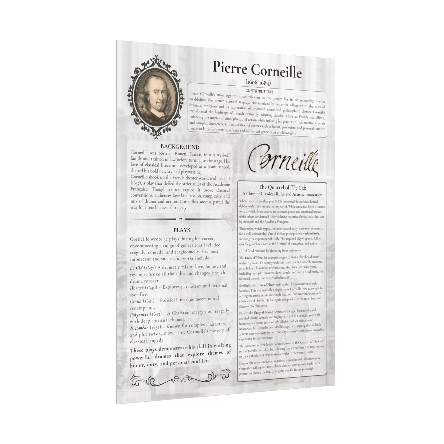 Pierre Corneille French Neoclassical Theater Poster - Educational Print for Drama Classrooms & Theater Lovers (18x24 or 24x36)