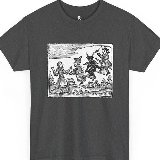 Vintage Witches Flying Woodcut T-Shirt - Gothic Occult Witchcraft Print Tee, Cotton Shirt, Witchy Tee, Halloween Shirt, Occult Clothing