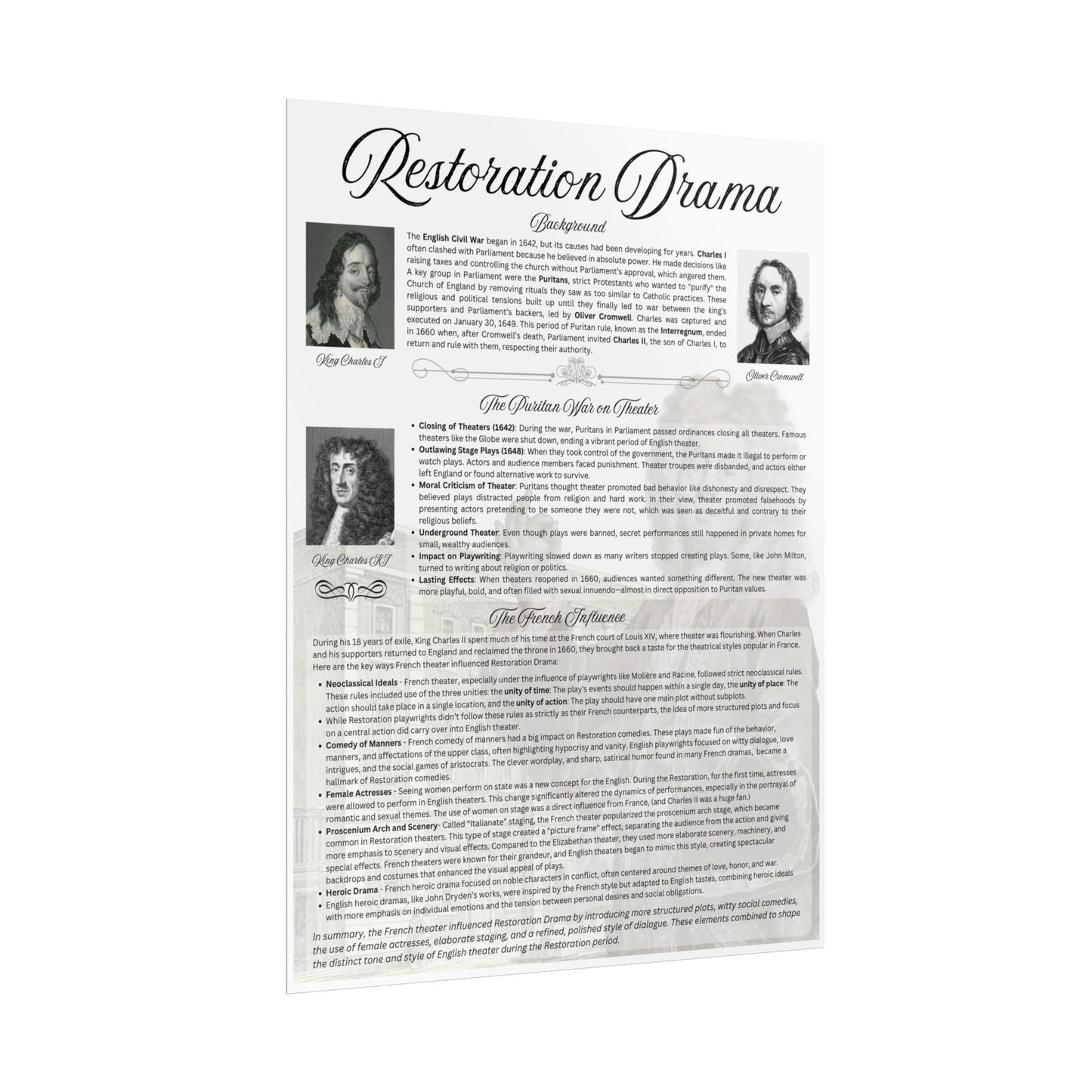 Restoration Drama Background, English Literature Theater Wall Art, Classroom Decoration, Rolled Posters