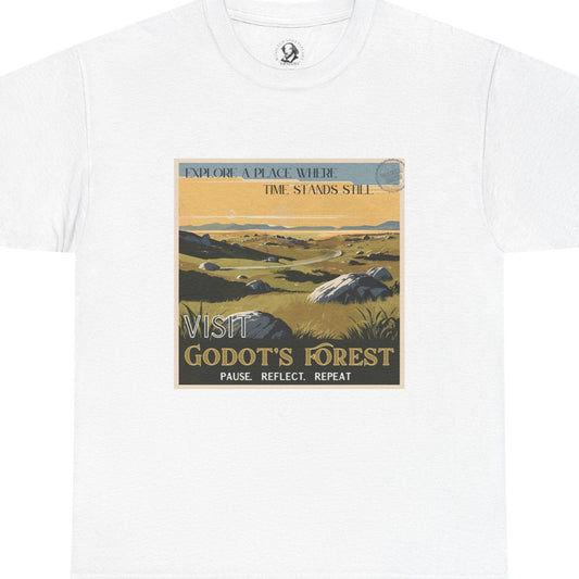 Waiting for Godot Parody, Vintage Travel Poster Tee Shirt,  Literary Humor Gift, Theater Humor, Unisex Heavy Cotton Tee, Vintage Tee Shirt