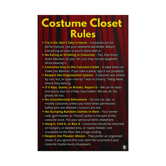 Costume Closet Rules Poster - Theater Classroom Wall Art - Drama Department Must-Have
