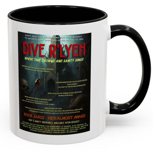 Dive R'Lyeh Mug - Cthulhu Mythos Coffee Cup | Lovecraft Horror Parody | Cosmic Travel Poster on Mug (11oz & 15oz)