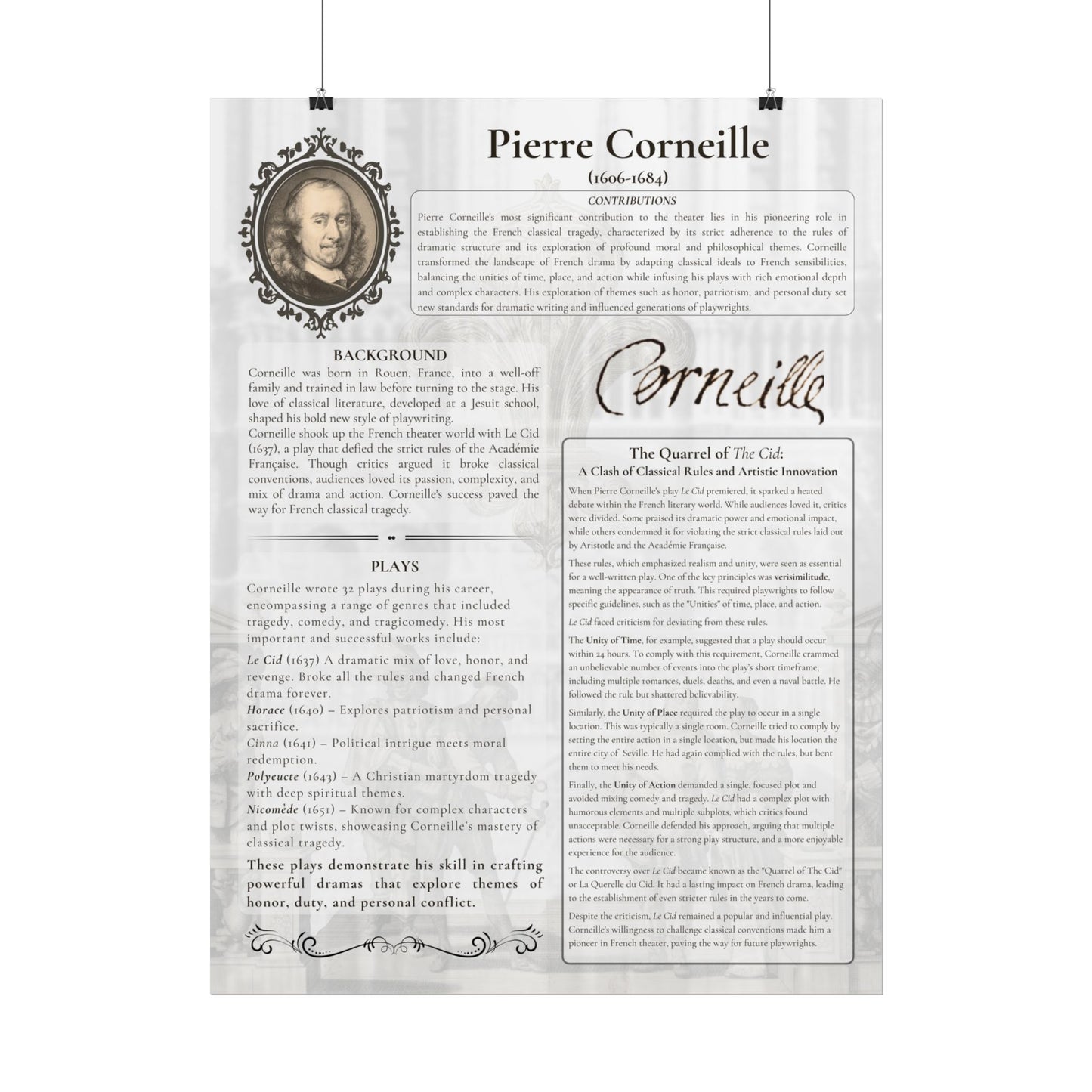 Pierre Corneille French Neoclassical Theater Poster - Educational Print for Drama Classrooms & Theater Lovers (18x24 or 24x36)